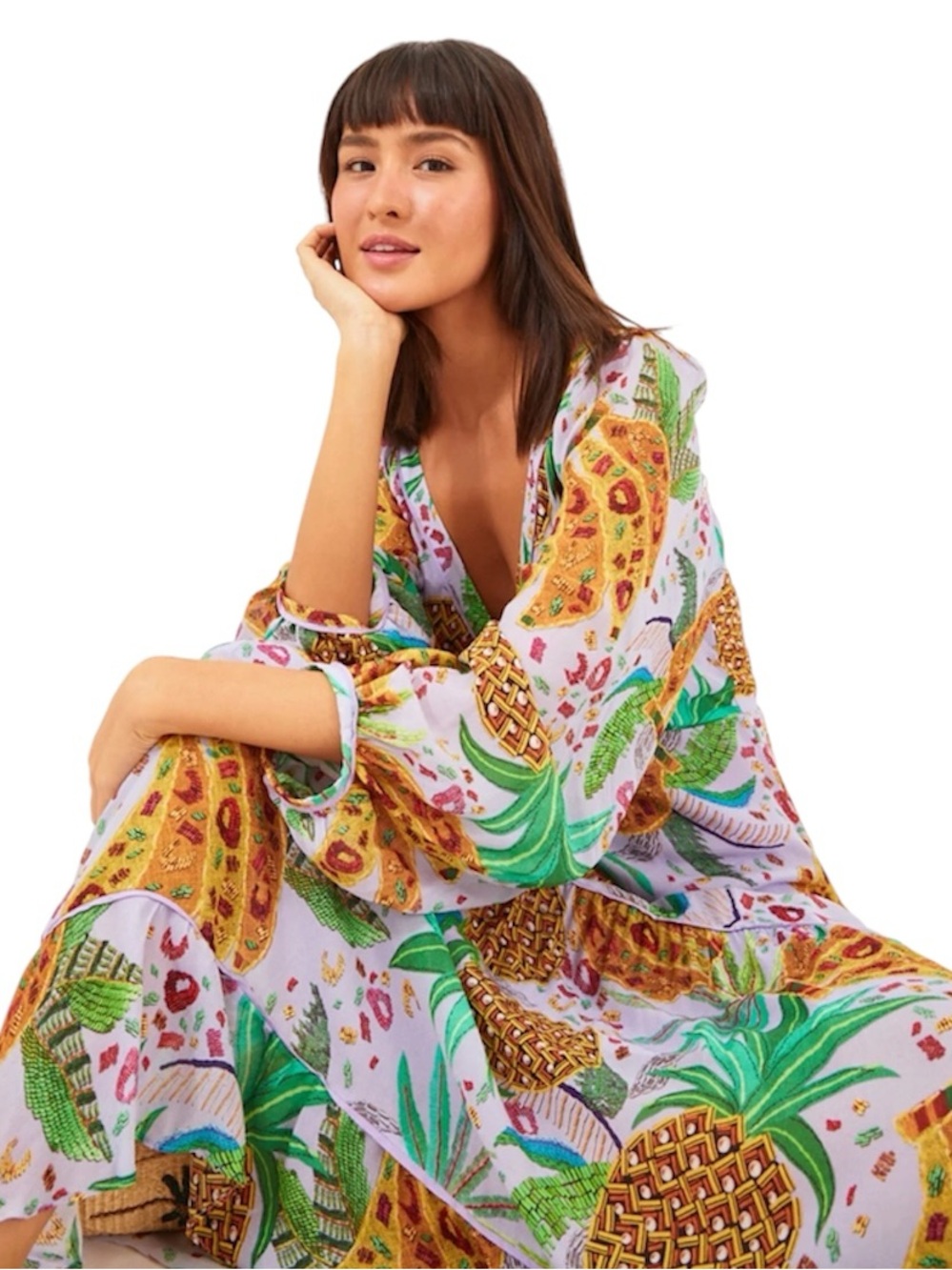 Farm rio lilac mixed fruits v-neck long sleeve maxi dress size Large